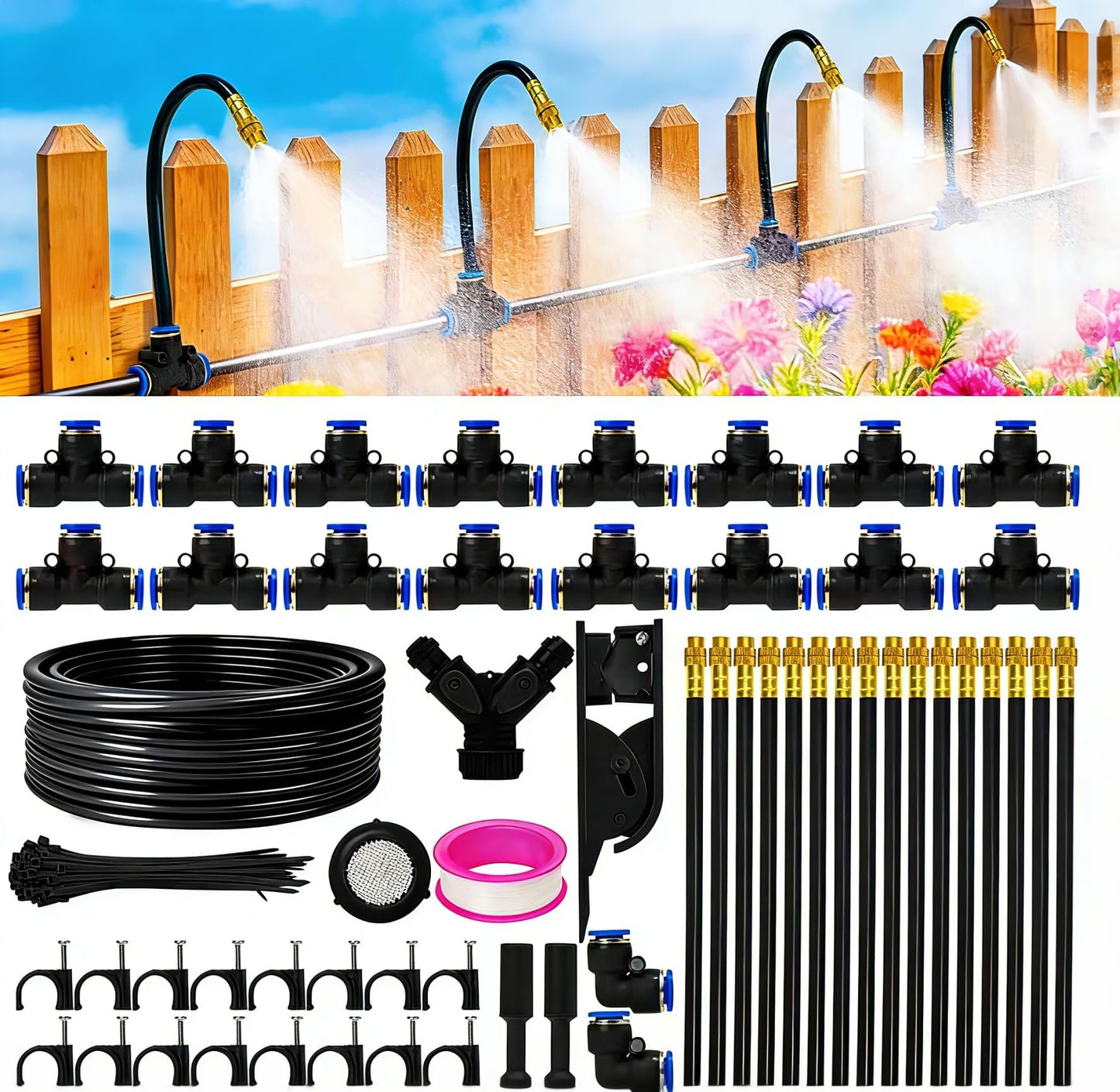 Upgraded 5/16" Drip Irrigation Kit (100FT), High-Flow Garden Watering System with 16 Bendable 360° Brass Misting Nozzles, Quick-Push Connectors & Leak-Proof Design for Patio, Greenhouse & Flower Beds