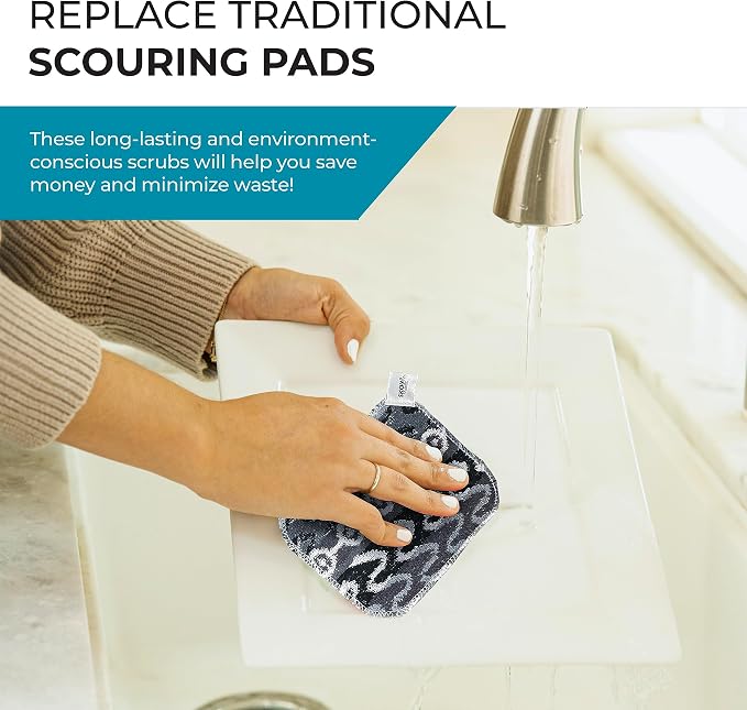 Skoy Scrub, 4-Pack Reusable, Non-Scratching Dish Scrubber for Kitchen and Household Cleaning, Planet-Friendly, Dishwasher Safe Soft Scrub, Monochromatic Colors