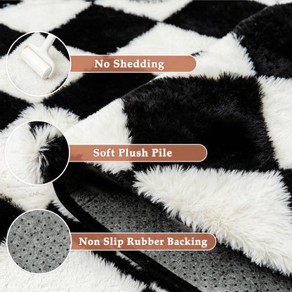 PureCozy Checkered Rug 6x9 Fluffy Shag Living Room Black and White Area Rug Modern Washable Carpet Soft Shaggy Non Slip Indoor Plush Fuzzy Rugs for Bedroom Dorm Office Home Aesthetic Decor