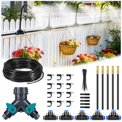 HIRALIY 360° Adjustable Drip Irrigation System 33FT, 1/4" Tubing with 5 Adjustable Copper Nozzles, Automatic Atomizing Watering Kit for Garden, Yard, Lawn, Greenhouse & Potted Plants