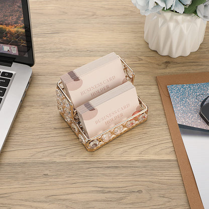 Hipiwe 2 Tiers Crystal Business Card Holder Stand Gold Mirrored Business Card Display Stand Organizer Desktop Business Card Storage Holder for Office Countertop