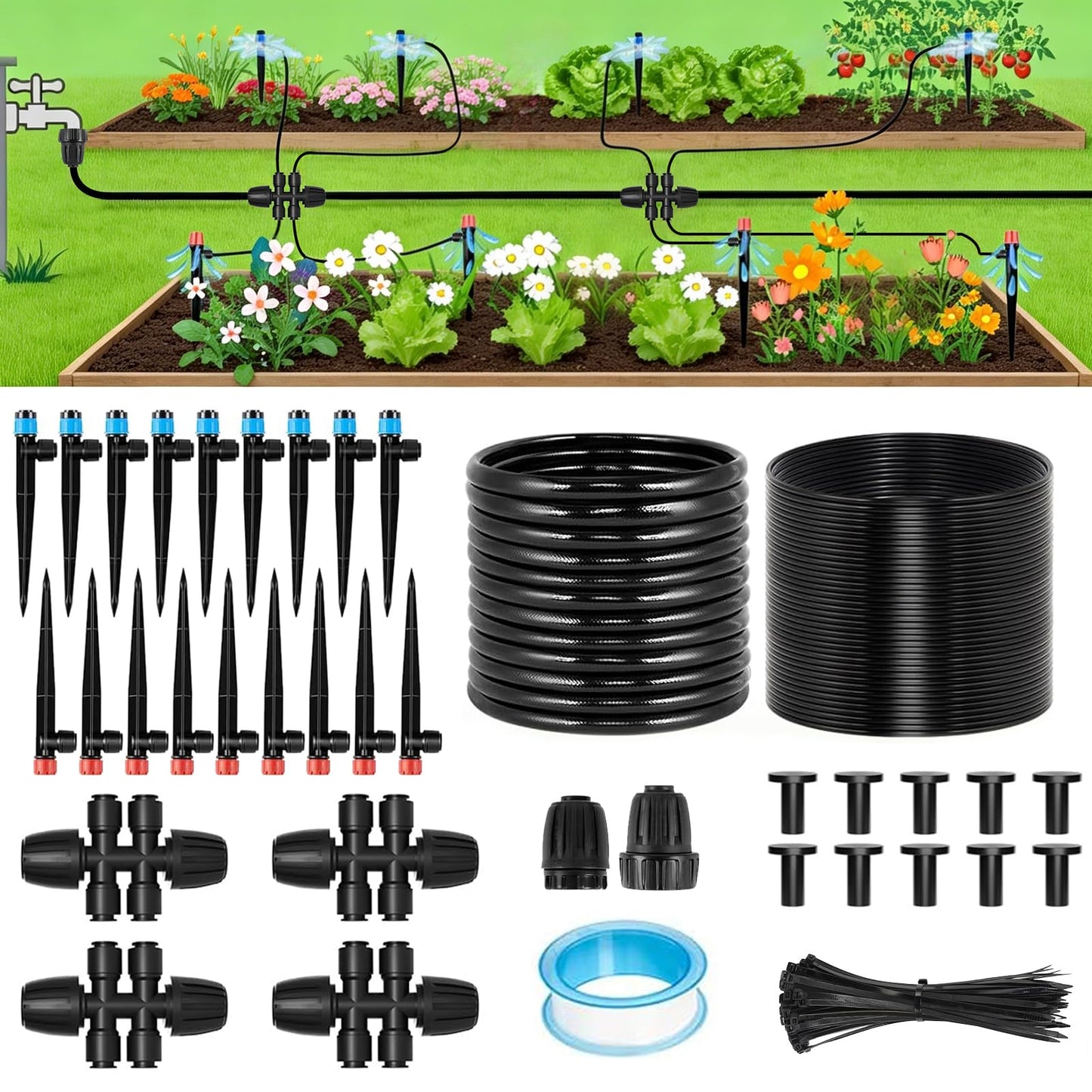 Drip Irrigation System,106FT Automatic Garden Watering System with 1/2" & 1/4" Fast-Lock Tubing Adjustable Nozzles & Sprinklers,Quick-Connect Drip Irrigation System Kit for Garden,Lawn,Potted Plants