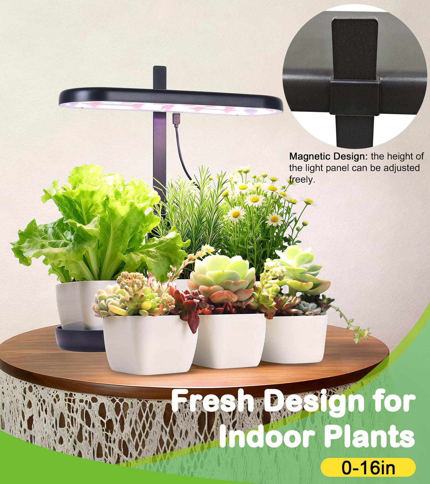 DRYADES Grow Lights for Indoor Plants, 20W Full Spectrum LED Grow Lamp for Indoor Garden with Intelligent Controller, Height Adjustable, Ideal for Home Desk Plant Lighting (Black, ABS Base)