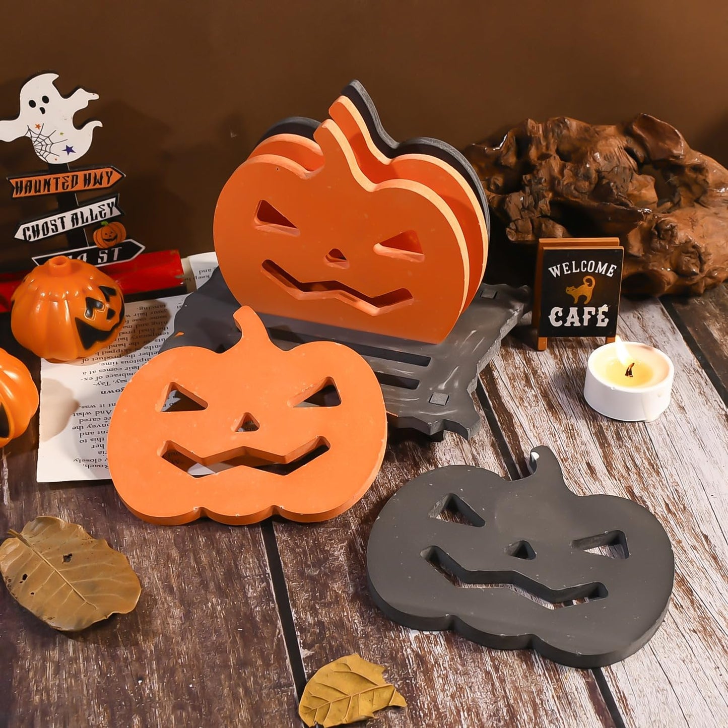 6 Pcs Pumpkin Epoxy Coaster Resin Molds Silicone with Holder, Halloween Pumpkin Coaster Molds Holder Set for Epoxy Resin, DIY Art Craft Cup Mats
