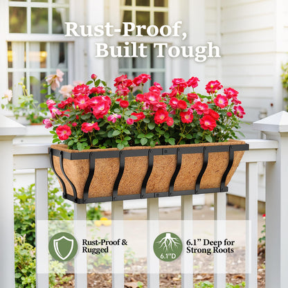 VOXOR Railing Planter Boxes, Heavy Duty Window Box Planters, Adjustable Balcony Planters for Railing Hanging, with Coco Liner & Support Rod for Deck, Porch, and Patio Gardening (3 Pack, 24 Inch)