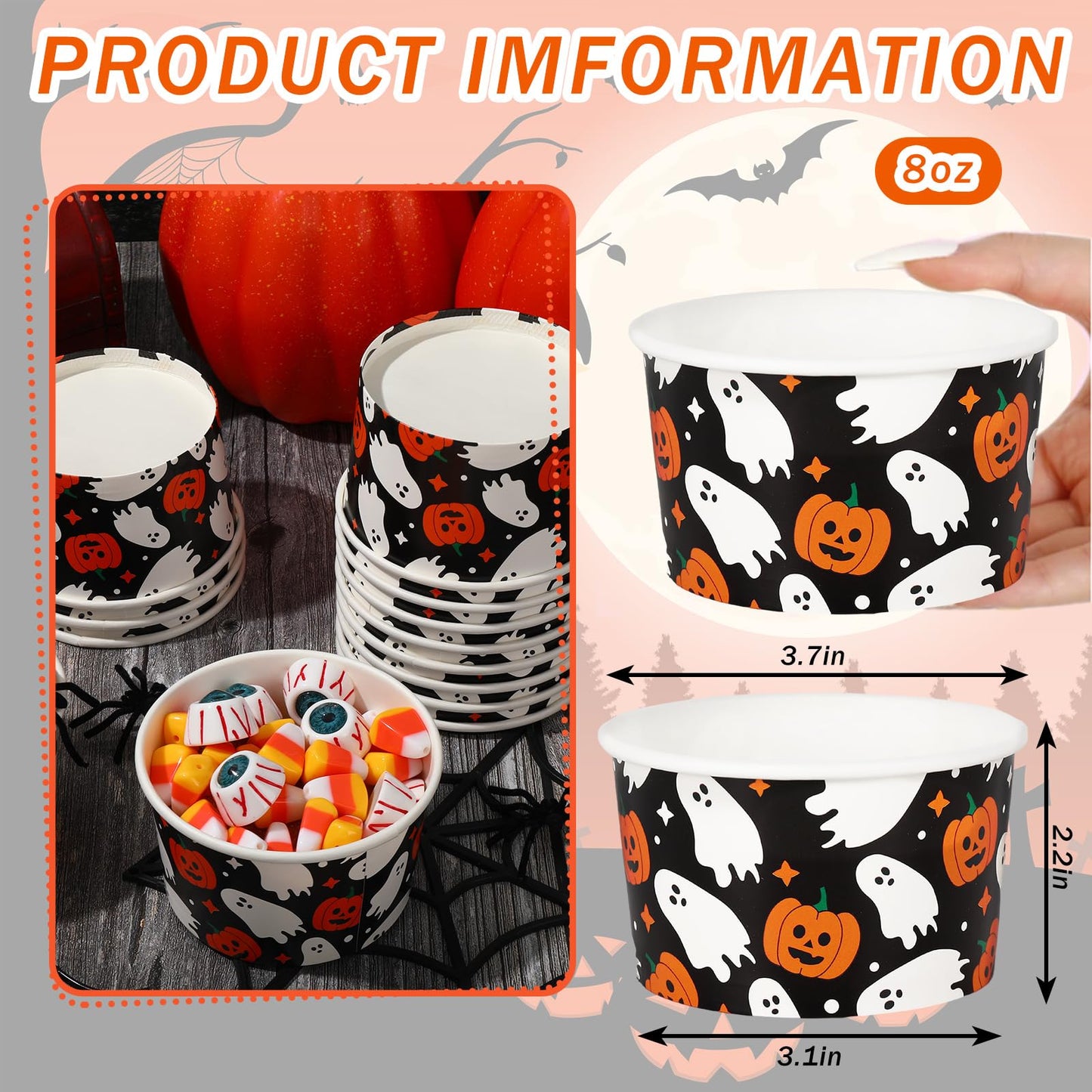JarThenaAMCS 50Pcs Halloween Treat Snack Cups 8oz Pumpkin Ghost Ice Cream Bowl Spooky Disposable Paper Bowls for Hot Cold Food Halloween Decorations