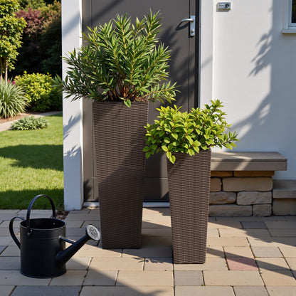 Flamaker Resin Rattan-Design Planters Set of 2, 32'' Tall Flowerpot with Additional Pot for Soil, Durable Weather-Resistant Planter with Drainage Holes for Garden, Patio, Backyard (Brown, Large)