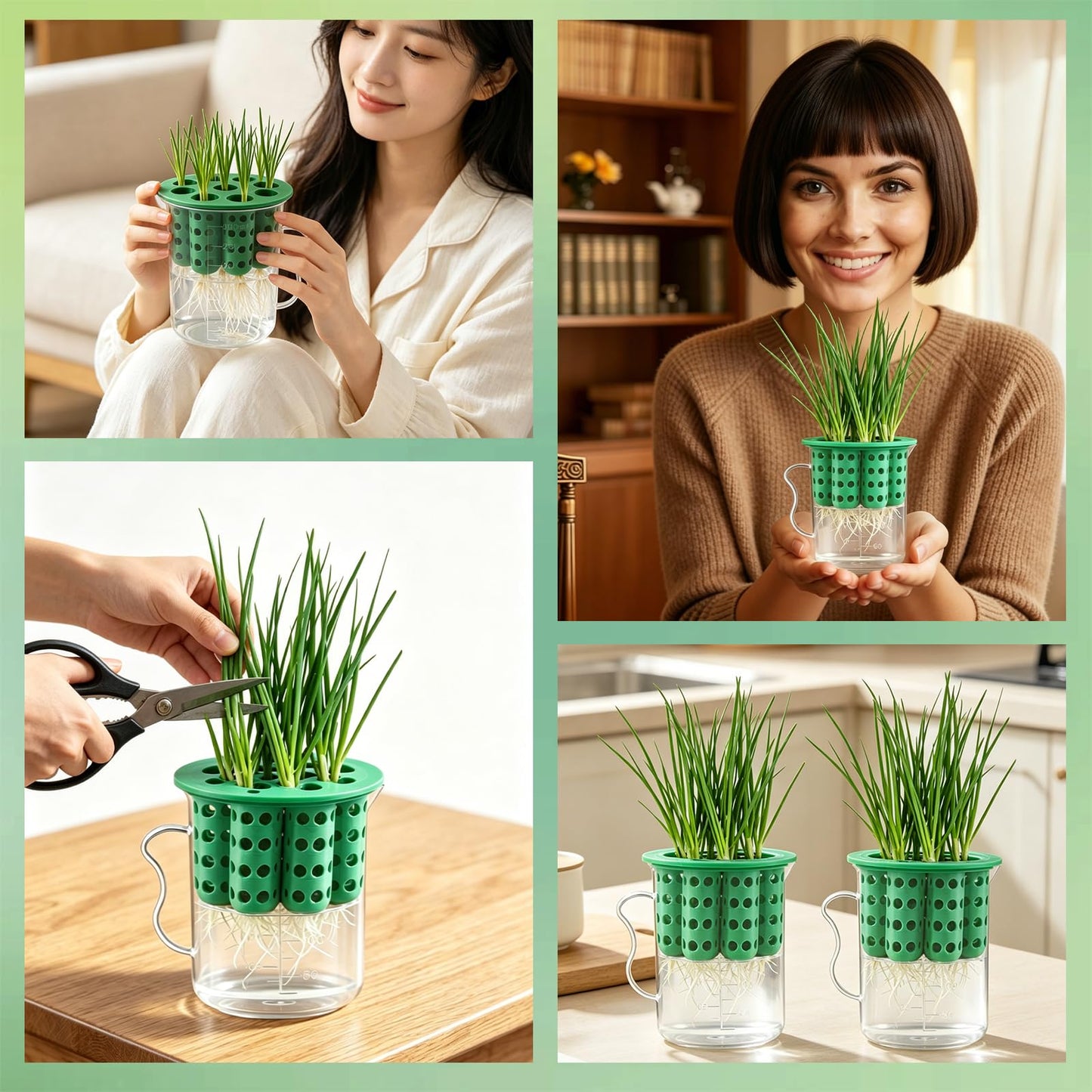 Nalanzhou 2Sets Green Onion Planter Scallion Grower Seed Sprouting Kit, 2 Green Onion Regrower Container and 2 Plastic Cups with Handle for Windowsill Garden Indoor Hydroponics Propagation Enthusiasts