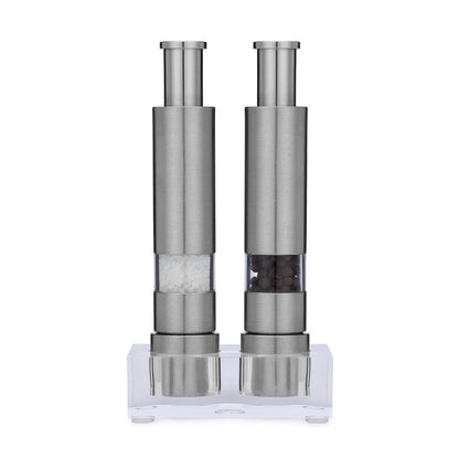 Grind Gourmet Salt and Pepper Grinder Set, Original Pump & Grind Peppermill are Refillable, Modern Thumb Press Grinder, Works With Black Pepper, Sea Salt, Himalayan Salts, Stand Included