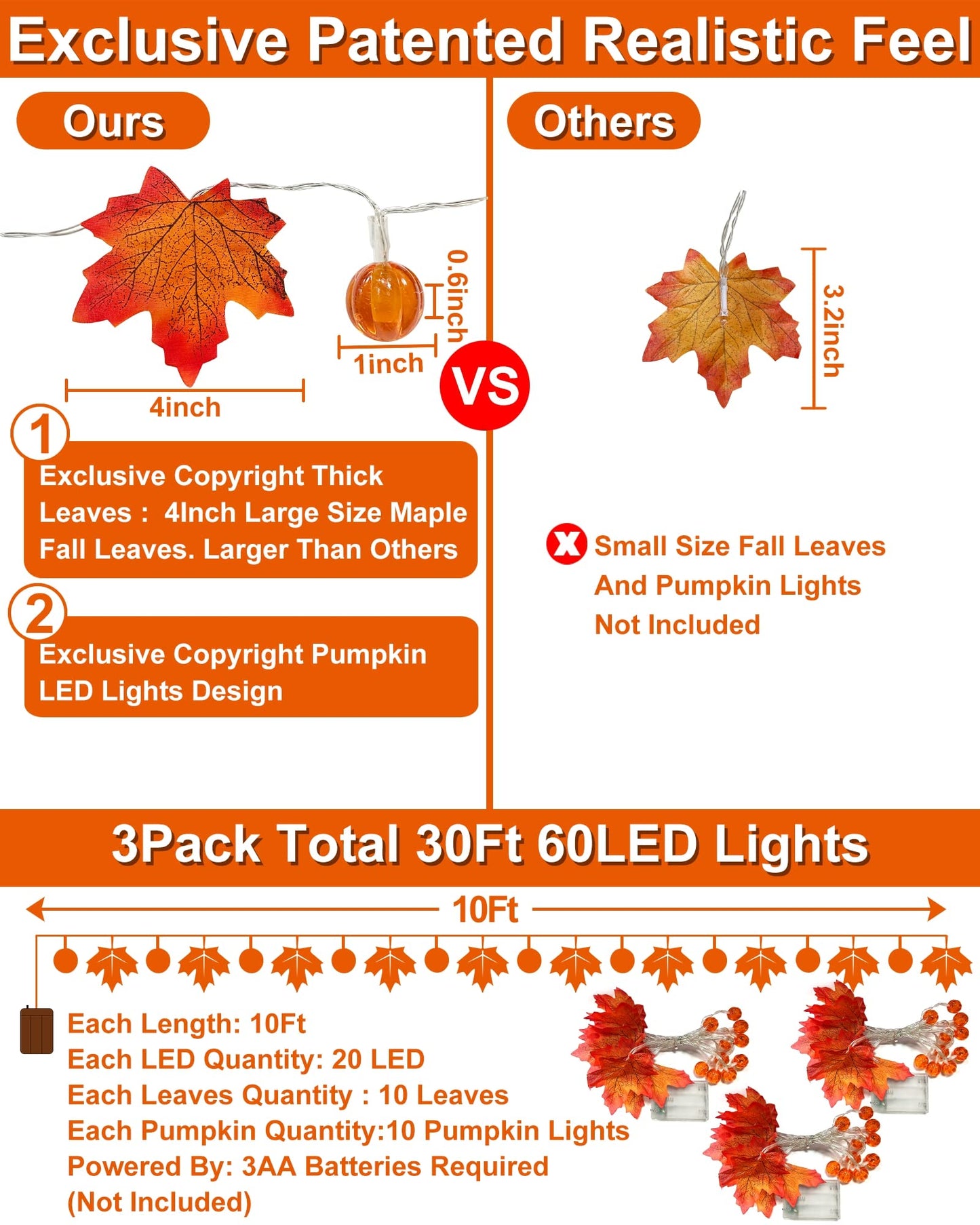 3 Pack Fall Decor Fall Garland with Pumpkin Lights&Enlarged Maple Fall String Lights Pumpkin Decor, 30Ft 60LED Waterproof Battery Operated Christmas Halloween Thanksgiving Fall Decorations for Home