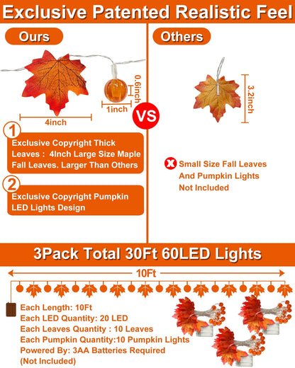 3 Pack Fall Decor Fall Garland with Pumpkin Lights&Enlarged Maple Fall String Lights Pumpkin Decor, 30Ft 60LED Waterproof Battery Operated Christmas Halloween Thanksgiving Fall Decorations for Home