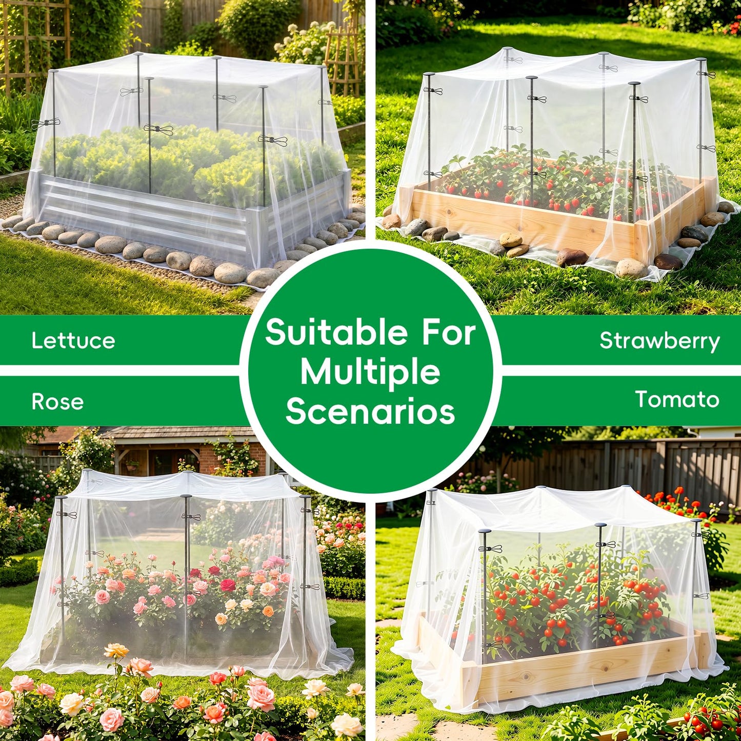 Metal Garden Netting Covers Kit for Raised Beds, 6 Pack 2.6FT Garden Poles Support Stakes with 10×13FT Insect Pest Barrier Plant Netting Mesh & 12 Clips for Vegetable Fruit Flower Garden Protection