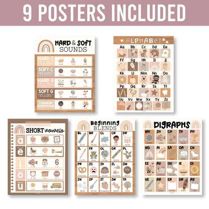 Hadley Designs Phonics Posters for Classroom Must Haves - 9 Sound Wall for Kindergarten & Elementary Teacher Supplies, Syllable, Vowels, Digraphs & Blends Bulletin Board Set, Boho Classrom Decor