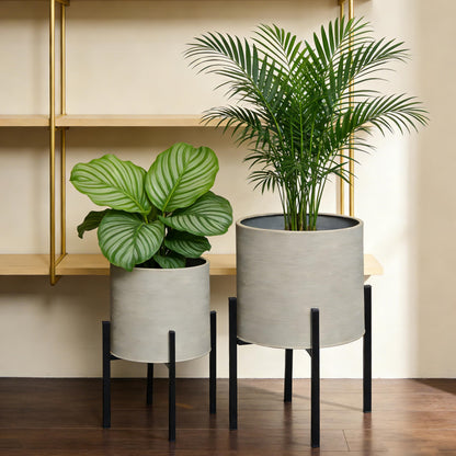 ARNIS Modern Plant Pots, Set of 2 Large Planters with Stand, Decorative Planters, Metal Pots with Drainage Holes for Living Room, Office, Garden or Balcony, 8.25 &10.5 Inch, Grey