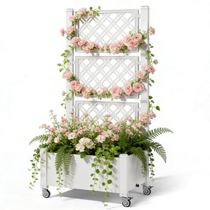 Miory 60" Raised Garden Bed with Trellis & Wheels, Vertical Gardening Planter Box with Water Level Indicator and Drainage System for Garden Outdoor Patio Balcony