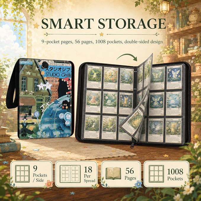 1008 Cute Card Binder 9 Pocket, 3-Ring Trading Card Binder with 56 Page Removable Sleeves, High Storage Waterproof Trading Card Holder Collection Card Album Organizer Case for TCG Cards - All