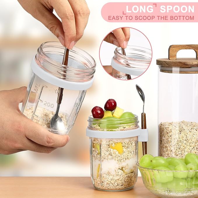 16oz Glass Mason Overnight Oats Jars, Cereal, Yogurt, Salad Lunch,Glass Overnight Oats Containers with Lids and Spoon, Container with Measurement Marks - (Grey&White-2Pcs)