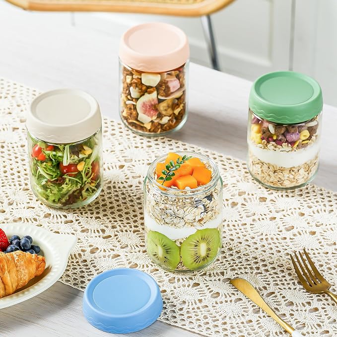 DRKIO 16 Oz Overnight Oats Containers with Lids - 6 Pack Glass Storage Jars with Airtight Lids Wide Mouth Mason Food Jars Great for Meal Prep Salad Chia Pudding Snacks Yogurt Sugar Spice Cereal