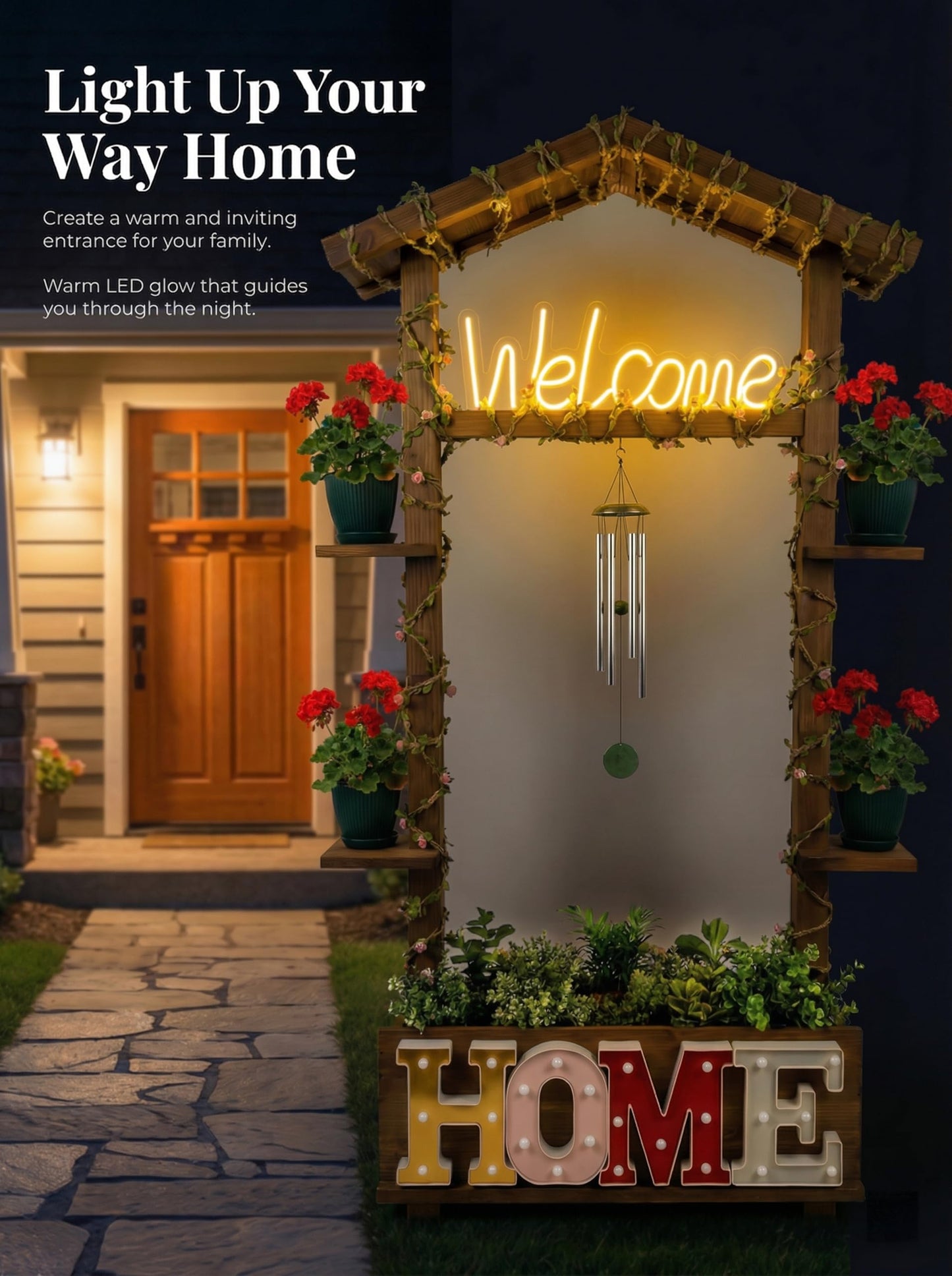 Borsynium Rustic-Style Floor-Standing Wooden LED Sign with Plug-in Functionality, Ideal for Planting or Arranging Flowers in Gardens, Lawns, or Front Entrances, 28.7x8.7x50.0 Inches