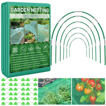Sunwinx Garden Mesh Netting Kit for Raised Beds, 10x33FT Ultra Fine Mesh Netting& 6 Sets 8FT Fiberglass Garden Hoops, Insect Netting Row Cover, Pest Barrier Protection for Vegetable Fruits Flowers