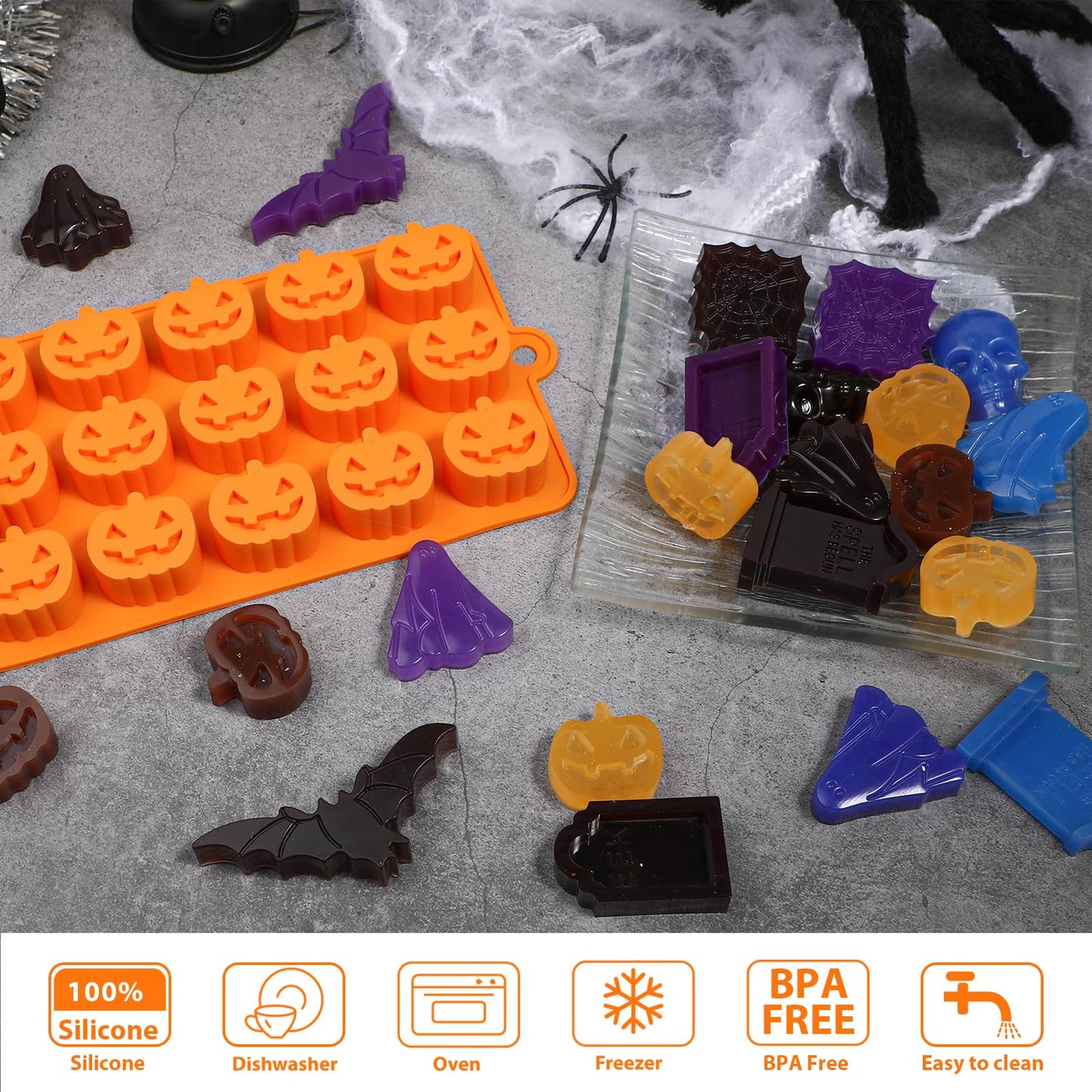 Webake Halloween Chocolate Mold Shaped with Pumpkin Jack-O-Lantern, Skull, Tombstone, Ghost, Bat and Spider, Halloween Silicone Molds for Chocolate, Candy, Ice Cube, Jello, Soap, Pack of 4