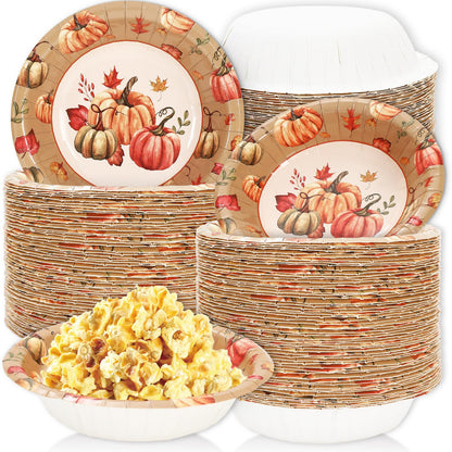 Whaline 100 Pcs Fall Paper Bowls Pumpkin Leaves Disposable Serving Bowls Watercolor Pumpkin Ice Cream Bowl for Autumn Thanksgiving Party Supplies