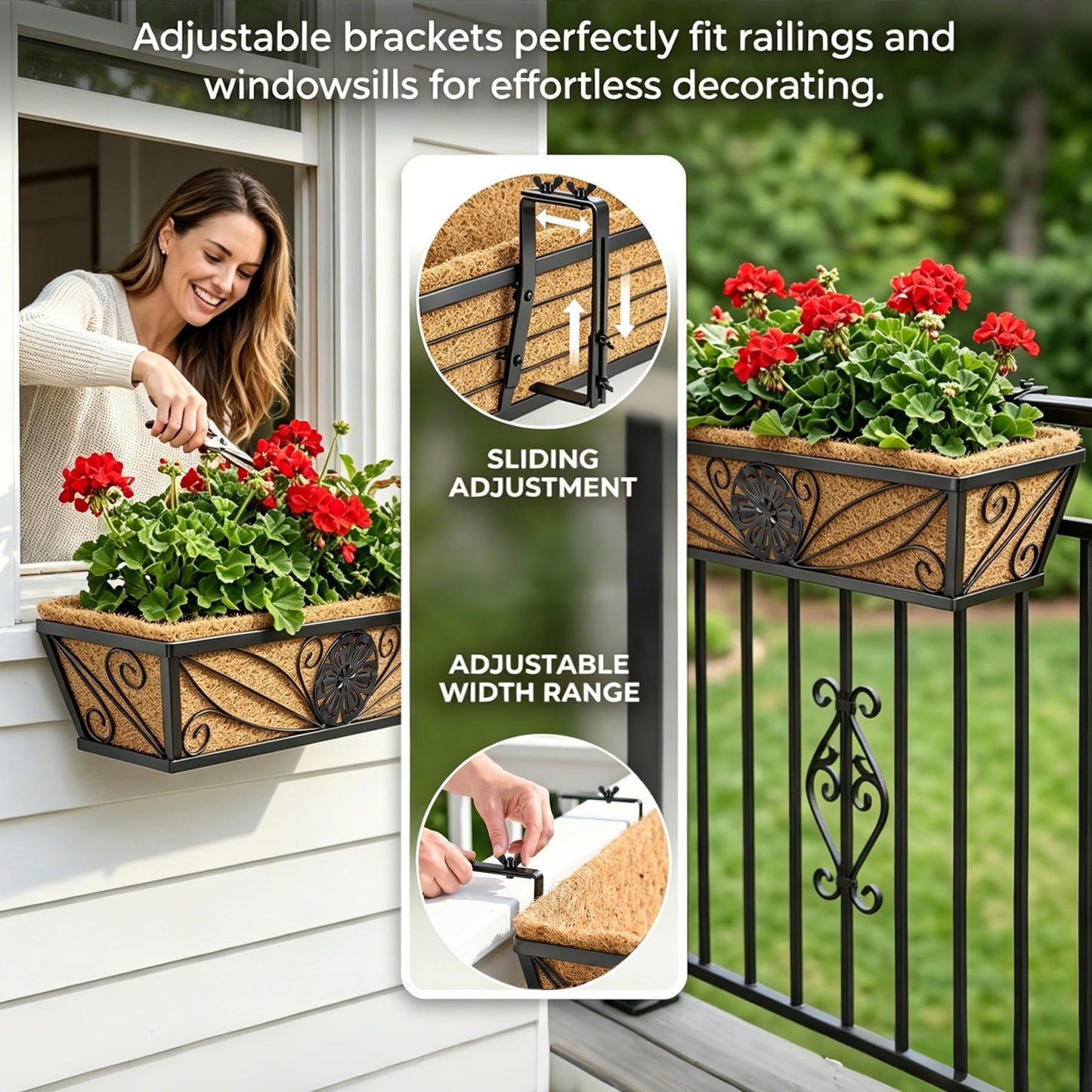 MUYEZHIYU 2 Pack 24 Inch Railing Planter Boxes with Coco Liner, Floral Scroll Metal Window Box Planters for Outdoor Plants, Black Hanging Window Baskets for Garden, Patio, Balcony Railing Decor