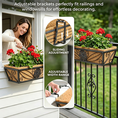MUYEZHIYU 2 Pack 24 Inch Railing Planter Boxes with Coco Liner, Floral Scroll Metal Window Box Planters for Outdoor Plants, Black Hanging Window Baskets for Garden, Patio, Balcony Railing Decor