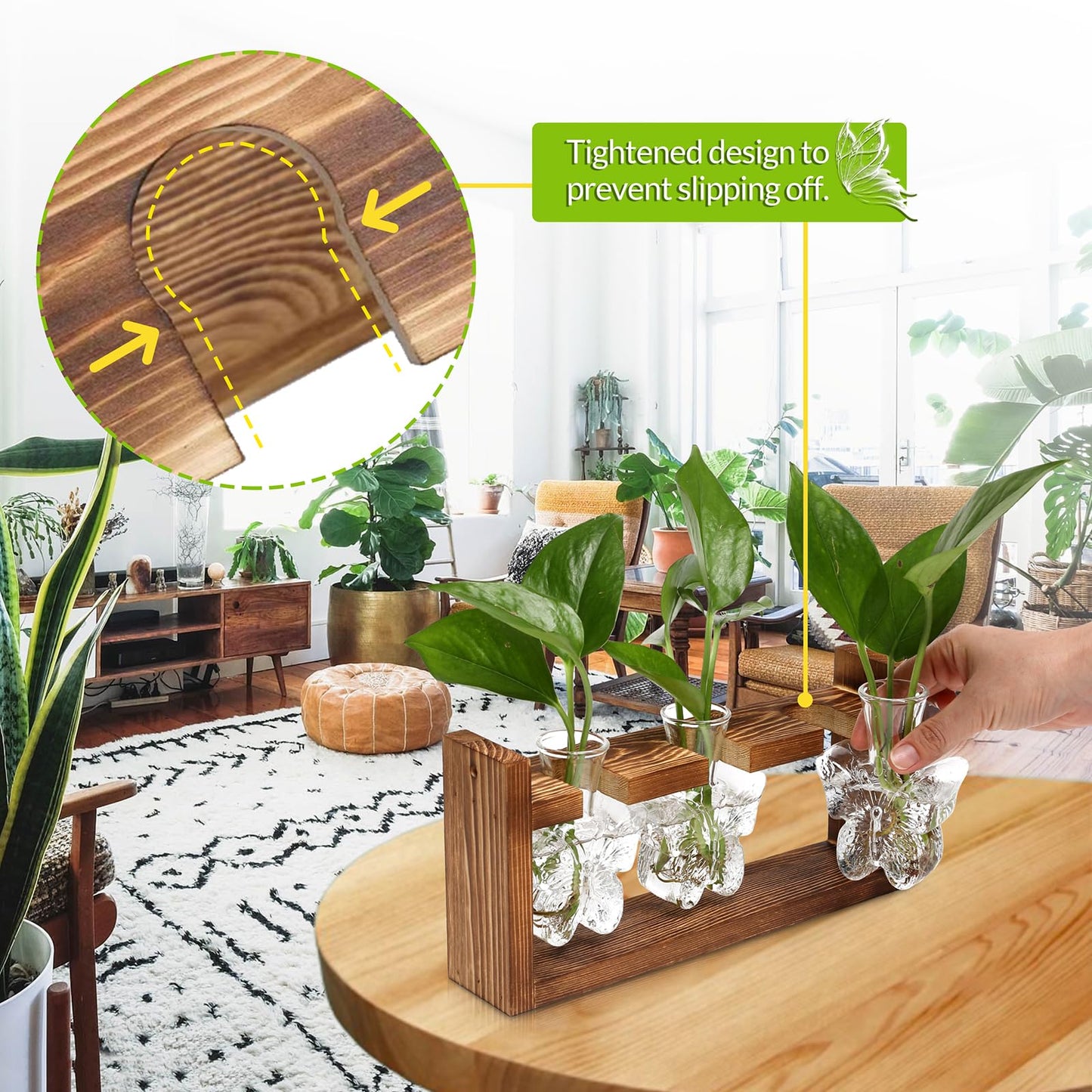 Glass Plant Propagation Station Butterfly Planter Vase with Wooden Stand Birthday Gifts for Women Mom Plant Lovers Office Home Decoration