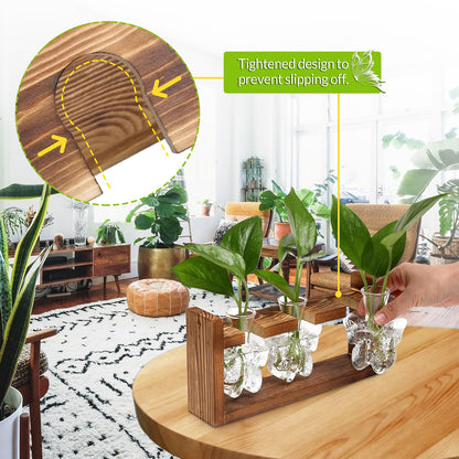 Glass Plant Propagation Station Butterfly Planter Vase with Wooden Stand Birthday Gifts for Women Mom Plant Lovers Office Home Decoration