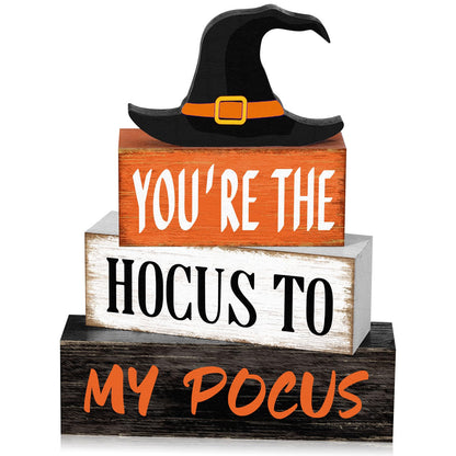 Yuntau 4 Pcs Halloween Hocus Pocus Table Decor Witch Hat Wooden Signs Distressed You're the Hocus to My Pocus Tabletop Centerpieces Witch Tiered Tray Decor Rustic Halloween Decorations for Home Desk