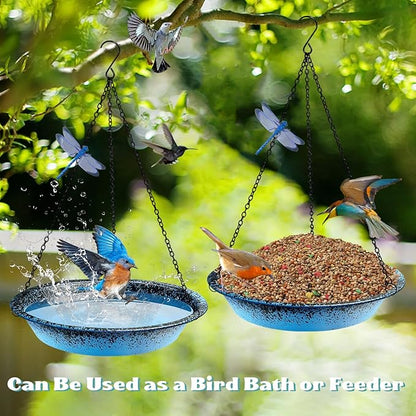 Hanging Bird Bath for Outdoors 11.4 inch Metal Birdbath Bowl with Detachable Black Chains & Hook Outdoor Hanging Bird Feeder for Tree, Window, Patio, Backyard, Gift for Bird Lovers (Blue)