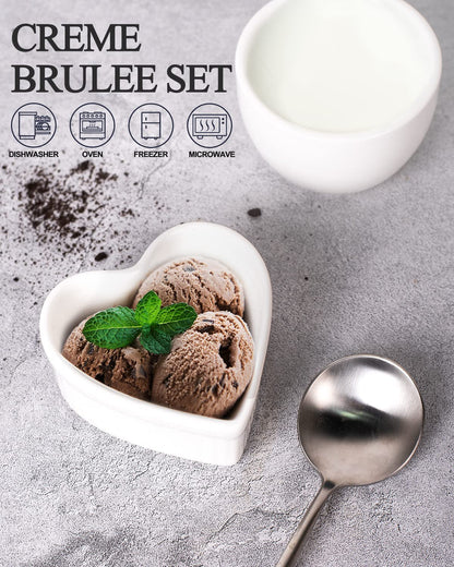 DELLING Heart Shaped Ramekins 6 Oz Oven Safe Set of 6, Porcelain Creme Brulee Dishes - Small Baking Bowls for Souffle Dessert Snack Quiche, Valentines Day Gift, White