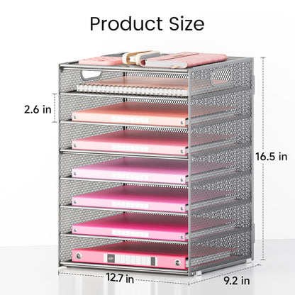 Lavatino 2 Pack 8-Tier Office Desk File Organizer, Letter Tray Paper Organizer with Handle, Including 5 Adjustable Slide Trays for Organizing Desk Workspace Accessories and Supplies (Silver Mesh)