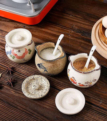 hengshukeji Sugar Bowl with Lid and Spoon,Vintage Ceramic Seasoning Jar, 10oz Stoneware Sugar Salt Holder, Glazed Condiment Container for Kitchen Counter (Carp)