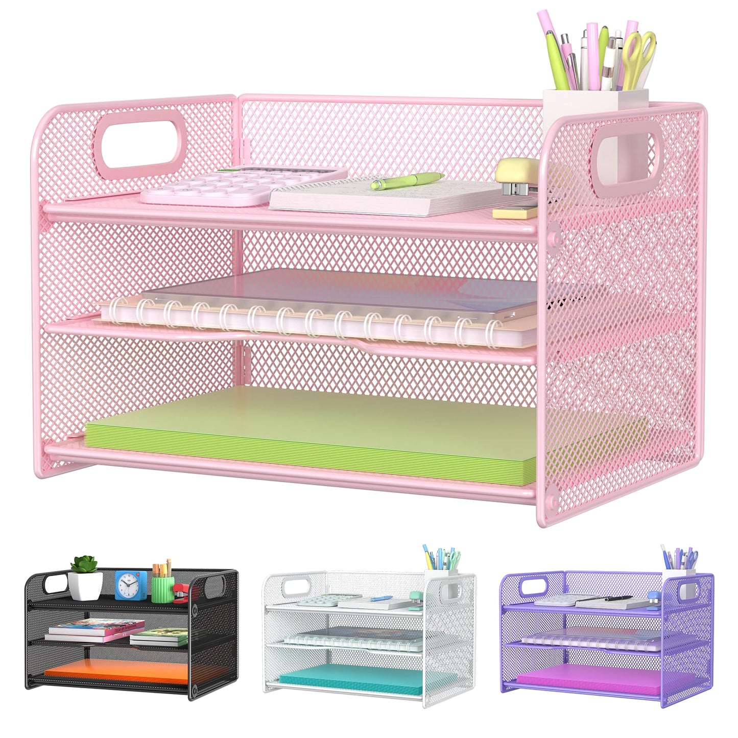 Samstar 3 Tier Pink Letter Tray Paper Organizer with Handle, Mesh Desk Organizer Paper Sorter File Rack Shelves, Pink