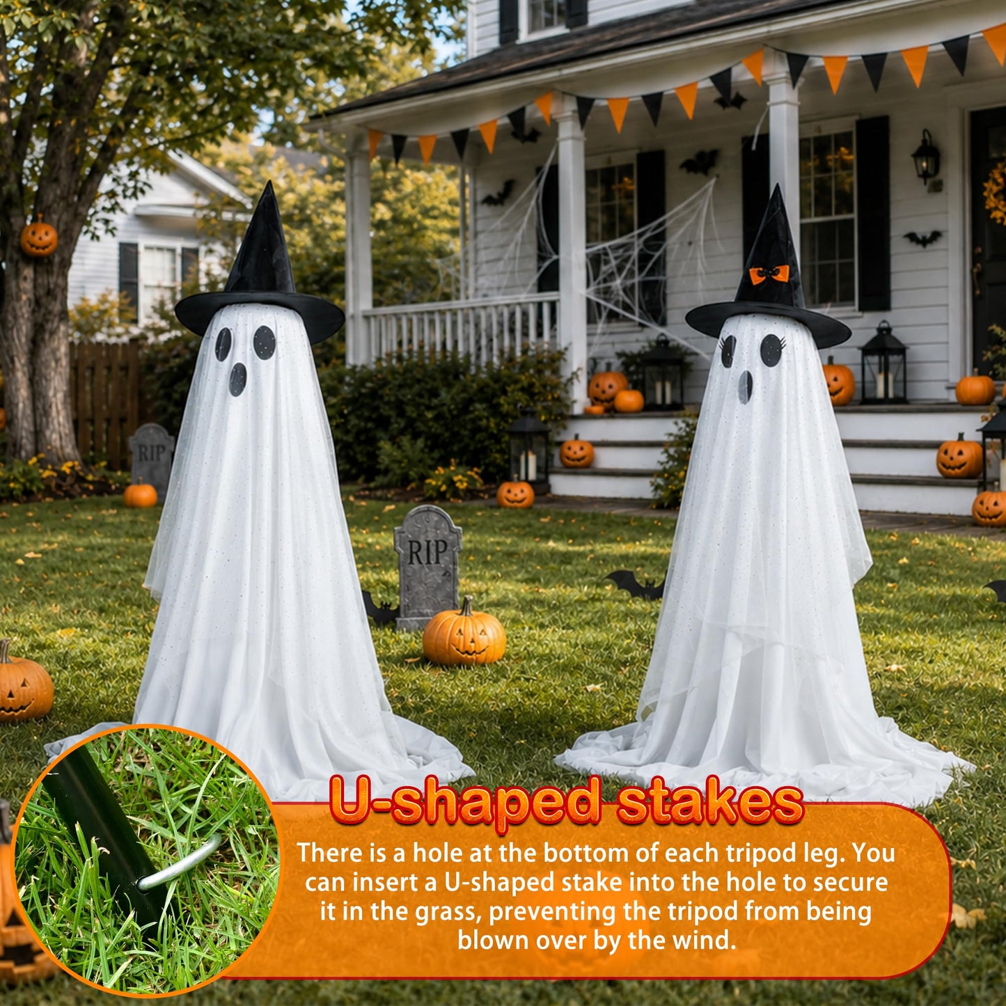 2Packs Halloween Decorations Outdoor,Halloweens Party Decoration Indoor,Spooky Ghost with Remote Control String Lights,Halloween-Ghost Lights for Porches Yards Gardens Lawn