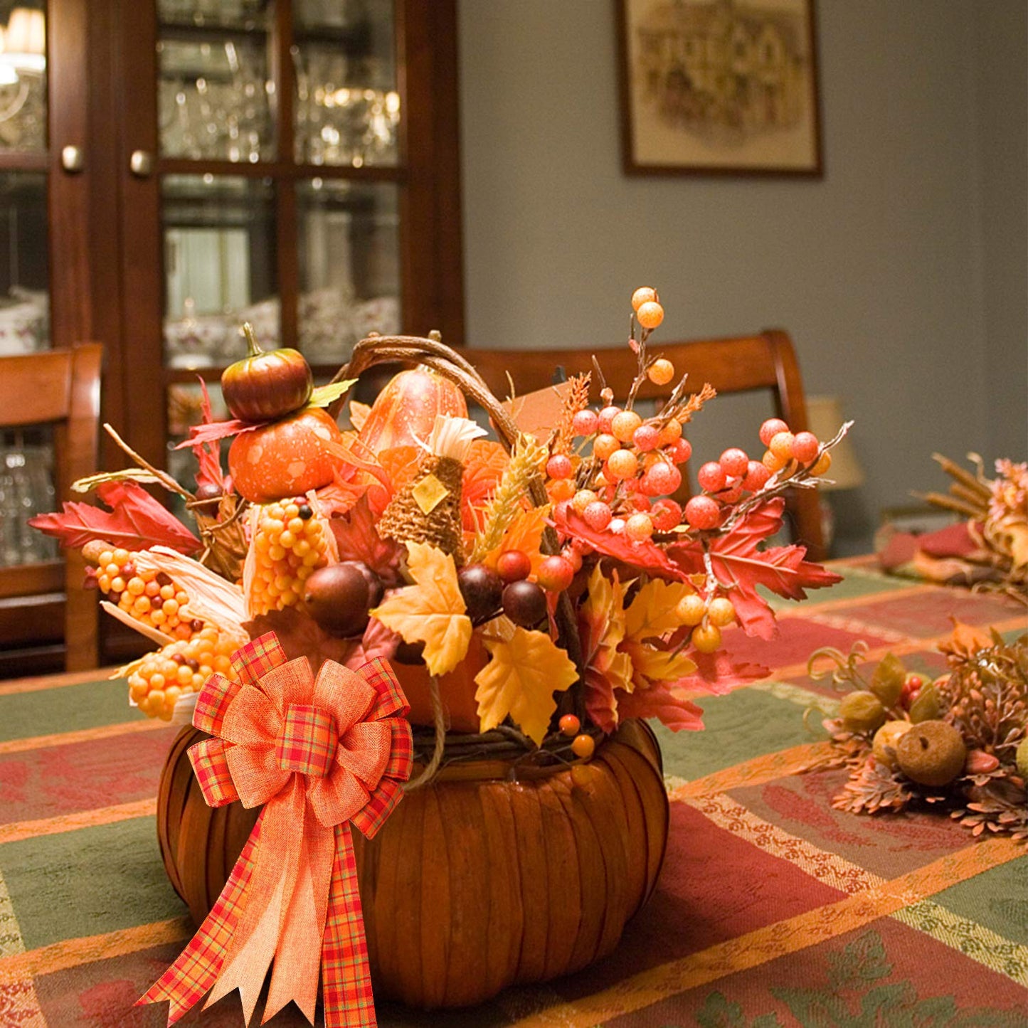 4Pcs Large Fall Thanksgiving Wreath Gift Bow -18.8x10.6inch Orange Buffalo Plaid Check Wreath Swag Bow Wreaths Pre-Tied Bows for Fall, Thanksgiving, Christmas, Home Indoor Outdoor Ornaments