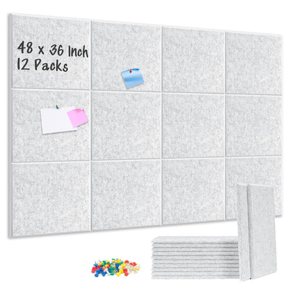 DOLLAR BOSS Large Cork Board for Wall 48" x 36" x 0.5" Bulletin Board 12 Packs Corkboard Tiles Self Adhesive Felt Wall Tiles for Office Home School, Light Grey