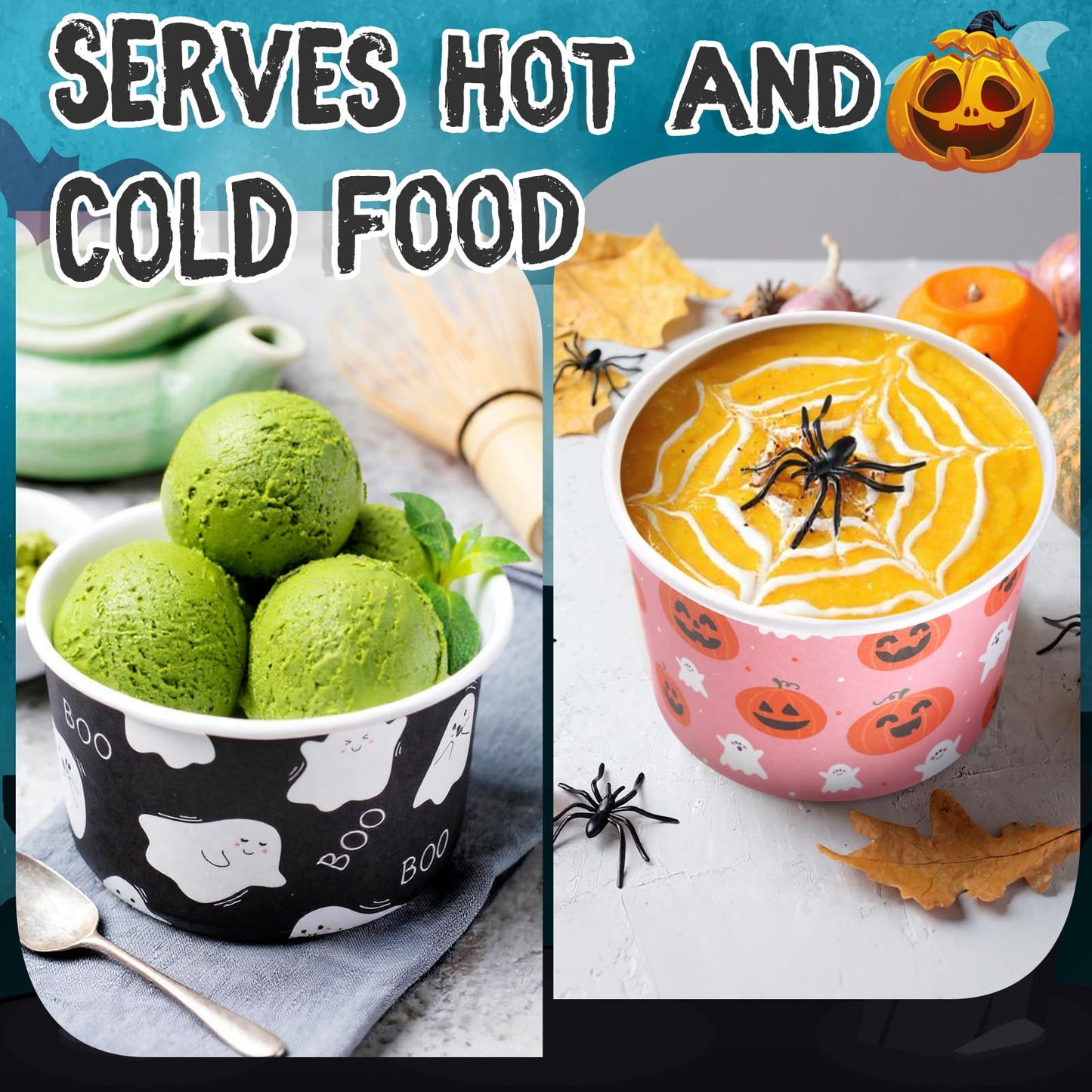 Jingmore 100 Pcs 8 oz Halloween Treat Snack Cups Pink Ghost Pumpkin Disposable Bowls Boo Halloween Paper Bowl for Sundae Frozen Yogurt Soup Birthday Party Supplies