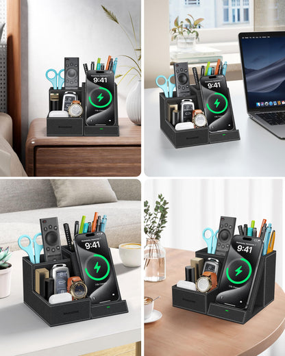 Investme Wireless Charger with Desk Organizer, Pen Pencil Holder, Multifunctional Desktop Organizer, Office Supplies and Desk Accessories Organizer with 3 Compartments and 1 Phone Stand