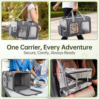 Cat Carrier for 2 Cats - Double Pet Carrier Extra Large, Dual Cabin Multi Cat Travel Carrier with Removable Divider, Collapsible, Can Hold 20 30 40 lbs for Two Small Kitten, a Medium Dog Gray