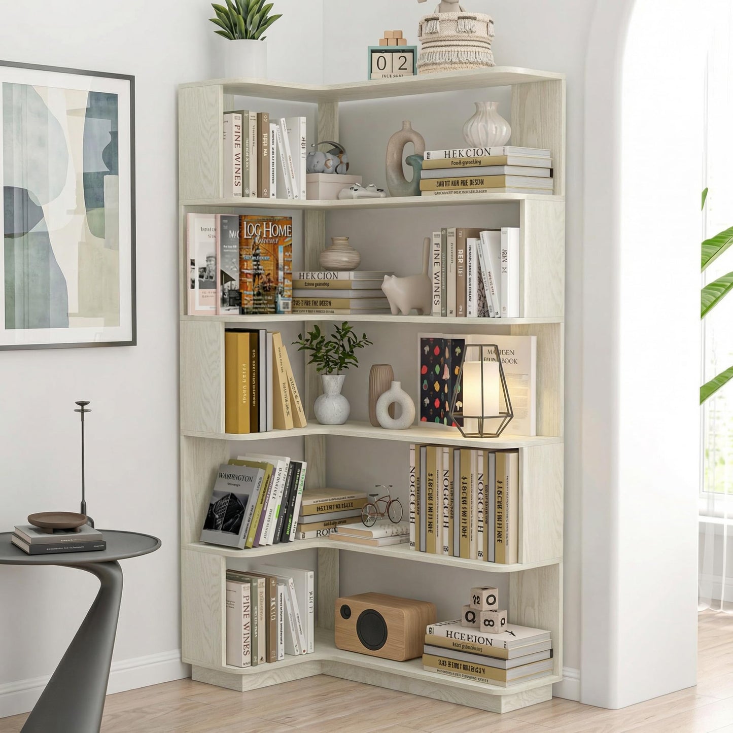 Arvolia 6 Tier Corner Bookshelf, Freestanding L-Shaped Wooden Bookcase with Open Shelves, Anti-Fall Panels and Anti-Tipping Device for Living Room, Home Office (White with Right Extension)