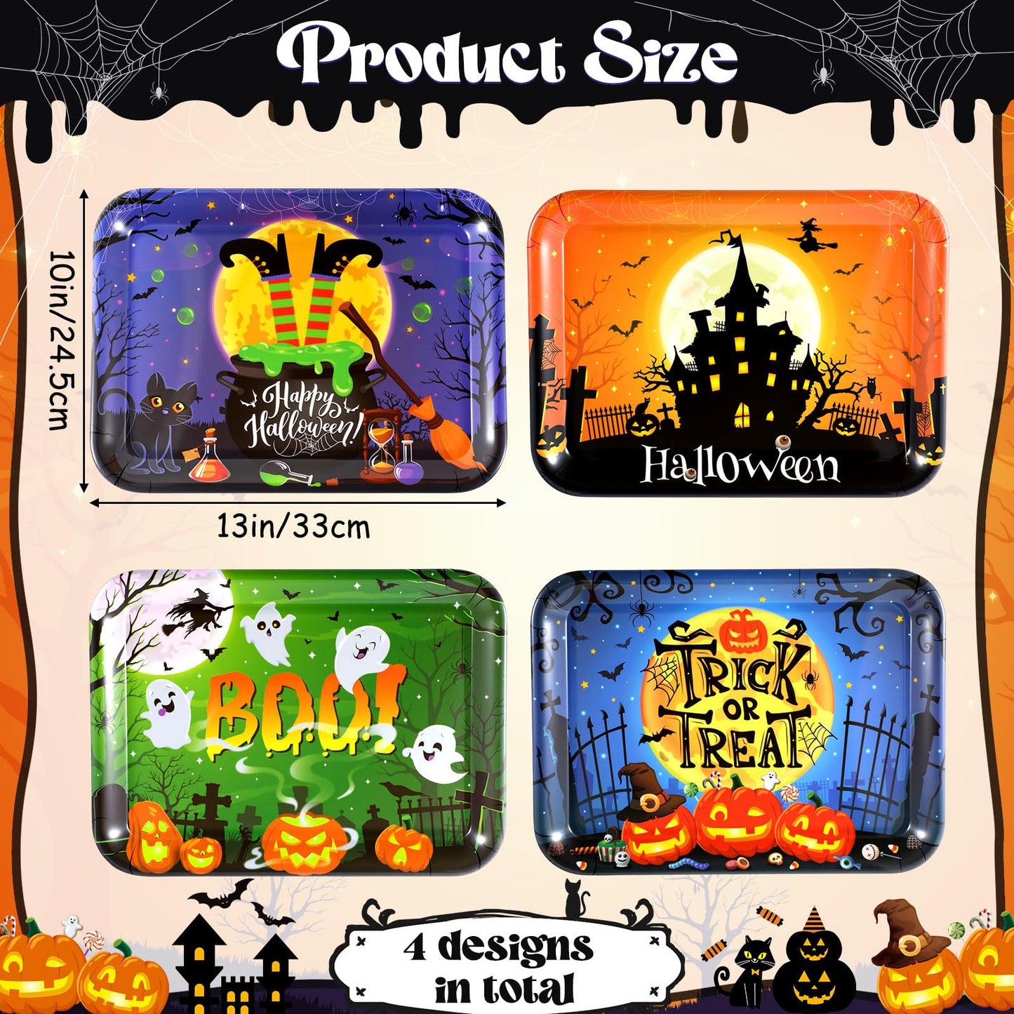 Vesici 4 Pcs 13 x 10 Inch Halloween Serving Trays Set Witch Haunted House Ghost Boo Melamine Platter Reusable Halloween Party Decorations for Trick or Treat Party Serving Food Snacks Cookies Dessert