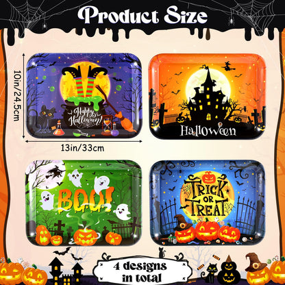 Vesici 4 Pcs 13 x 10 Inch Halloween Serving Trays Set Witch Haunted House Ghost Boo Melamine Platter Reusable Halloween Party Decorations for Trick or Treat Party Serving Food Snacks Cookies Dessert