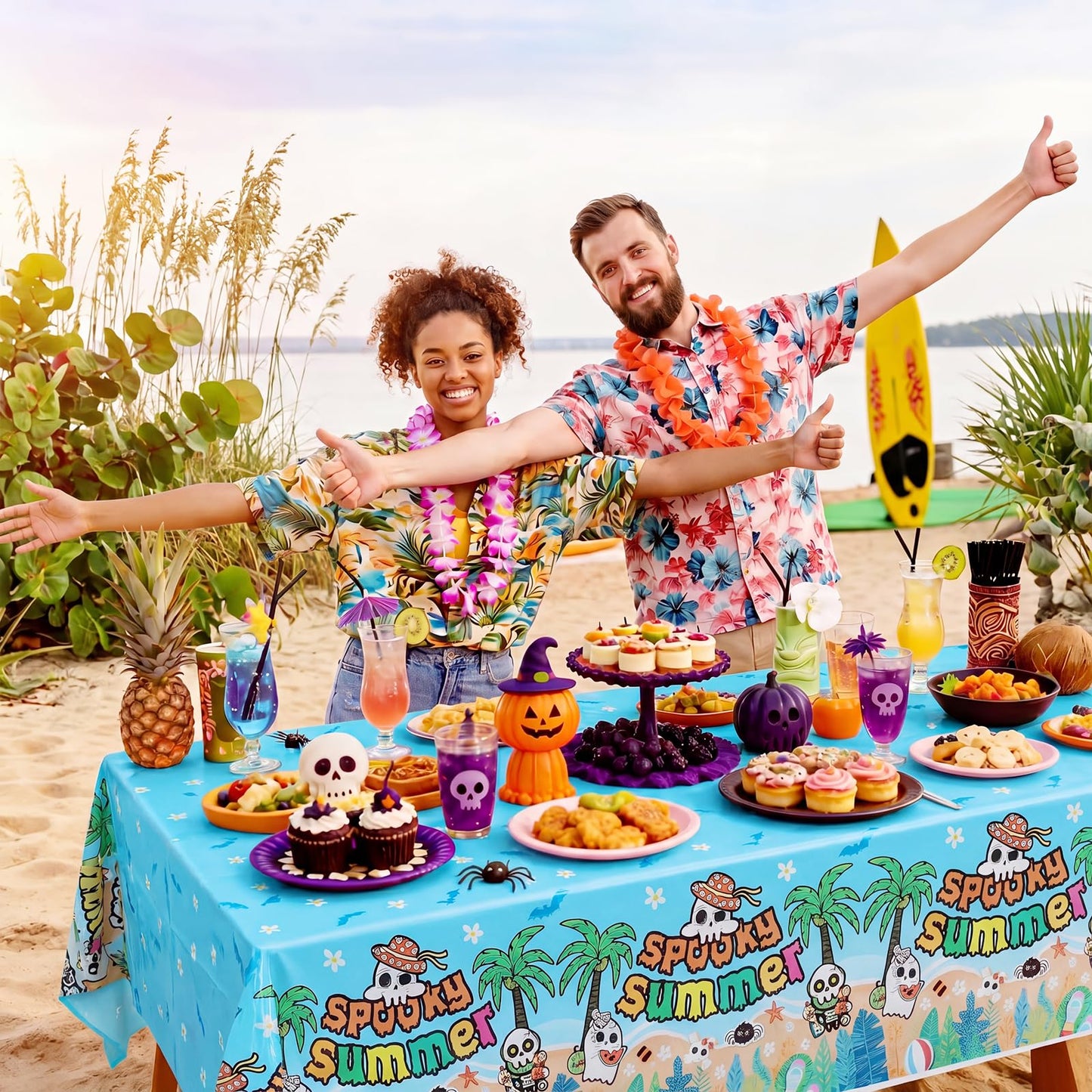 Hahafelt 3 Pack Summer Halloween Decorations Plastic Tablecloth Tropical Gothic Halloween in Summer Spooky Ghost Skull Pumpkin Table Cover for Beach Party Home Kitchen Decor 54 x 108 Inch(Beach)