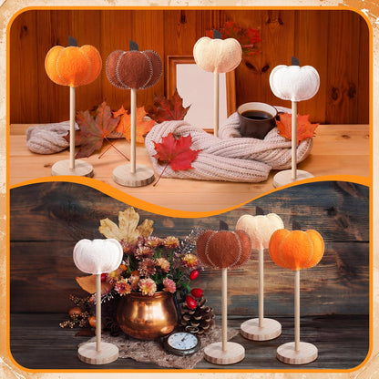 SiliFine 4 Pcs Fall Decorations for Home, Felt Pumpkin Standing Tabletop Decor, Handcrafted Rustic Fall Felt Pumpkin Tabletop Decoration for Thanksgiving Autumn Farmhouse Home Decoration