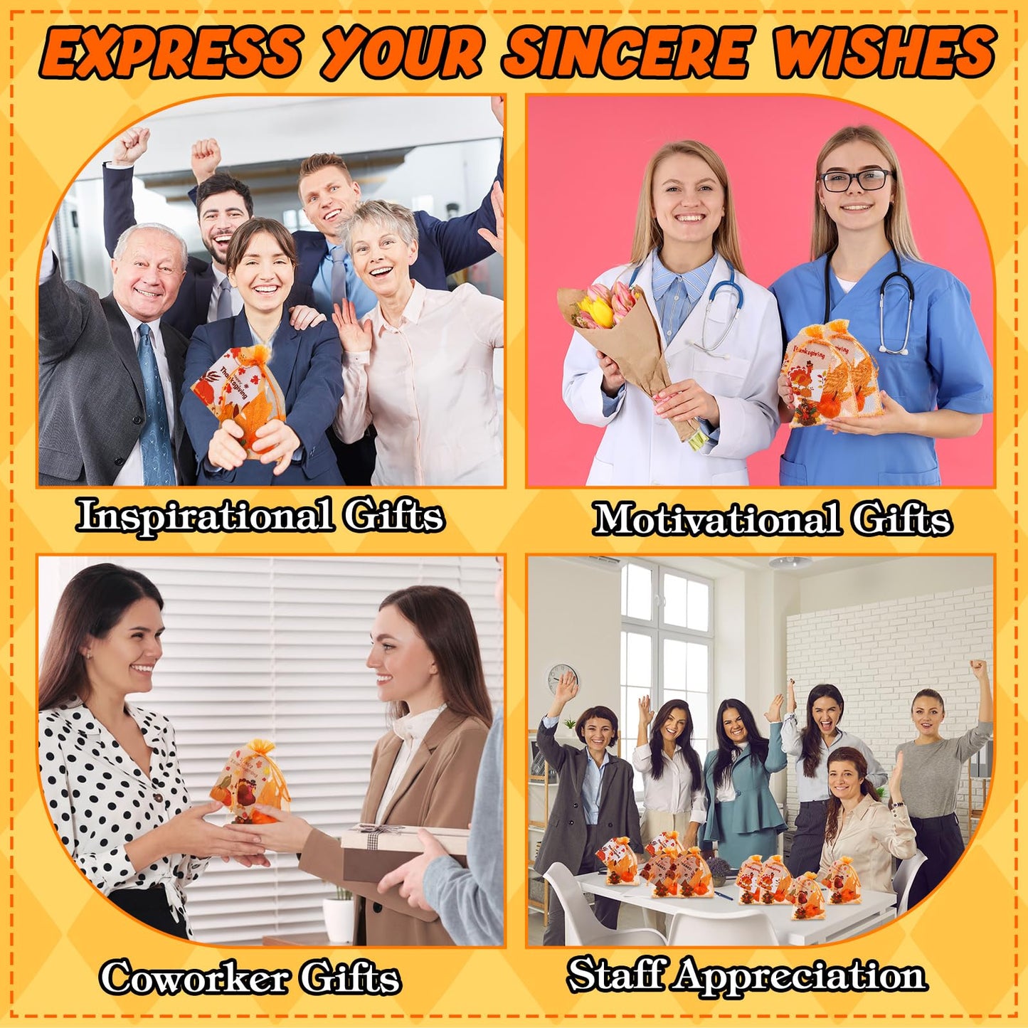 Halloscume 120 Pcs Thanksgiving Party Favor Decorations Fall Gifts, Include Mini Turkey Figurines Foam Pumpkin Maple Leaves Thanksgiving Cards with Orange Organza Bag for Harvest Home Table Decor