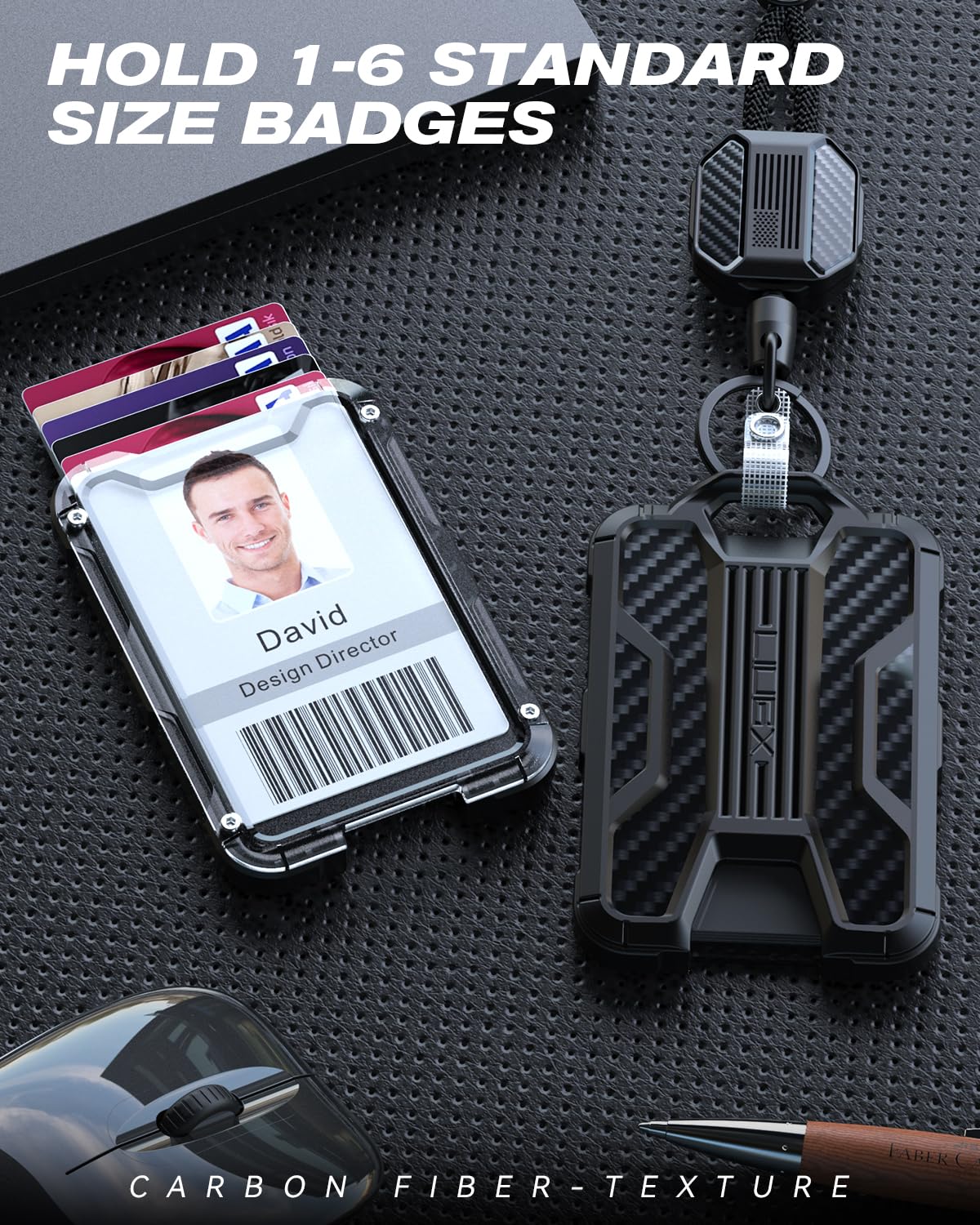 LIUGX Retractable Breakaway Lanyards for ID Badges Holder Keys, Carbon Fiber-Texture & American Flag, Badge Reel with Heavy Duty ID Card Holder (Holds 6 Cards) with 20" Cord, Keychain, 4.2 oz, Black