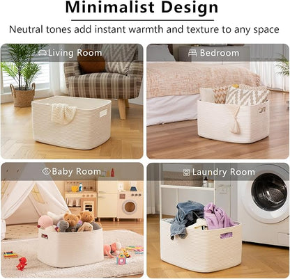 OIAHOMY XXLarge Rectangle Blanket Basket-96L, Cotton Woven Basket for Storage, Dirty Clothes Basket for Living Room, Nursery, Bedroom, Toy Organizing with Handle, 24" x 16" x 15", White
